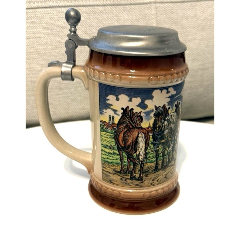 Vintage Gerz W German Stein w Screened Horse Drawn Beer Wagon & Pewter Lid - Picture 3 of 10